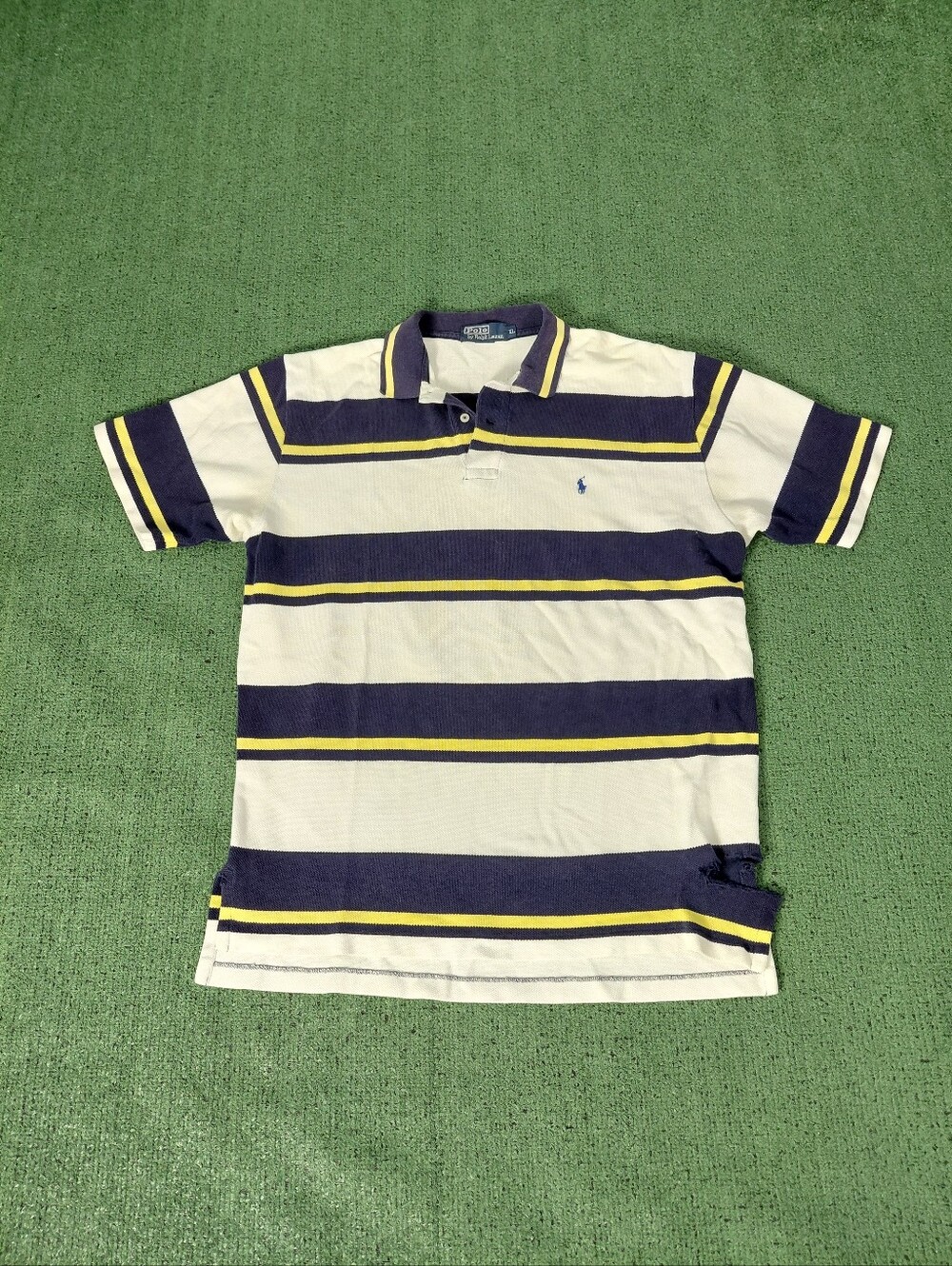 Vintage 90's Polo Ralph Lauren Striped Pattern Blue Pony Polo Shirt Sz XL